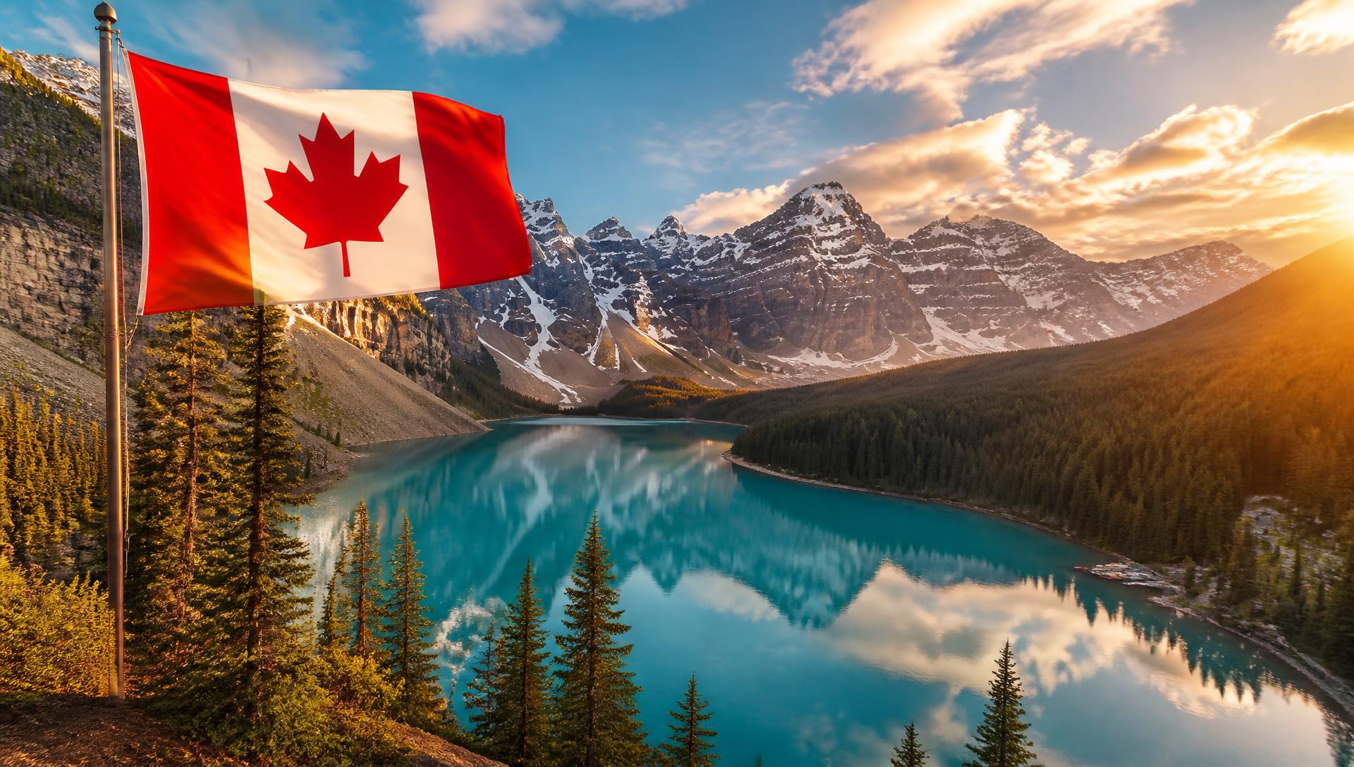 Paisaje canadiense con montañas, lago y la bandera de Canadá
