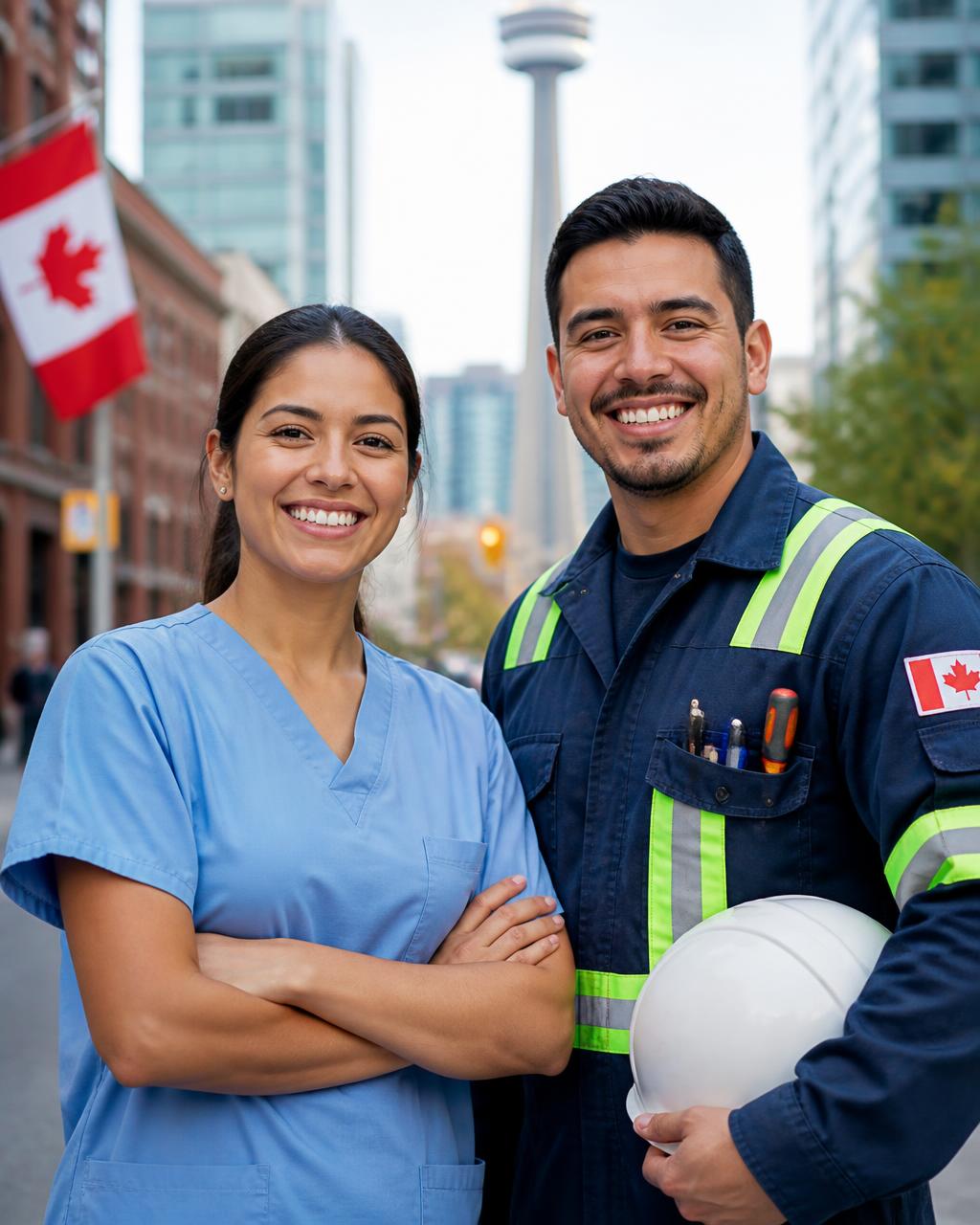 Dos profesionales costarricenses felices con su uniforme de trabajo en Canadá